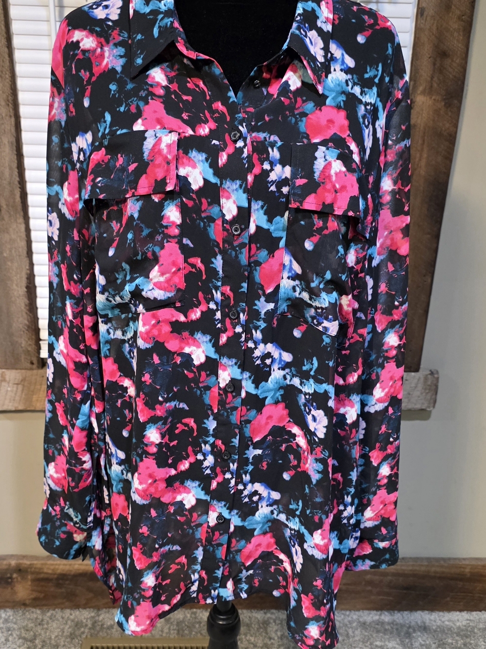 Women's Black Floral Button-Down Shirt with Pink & Blue Print